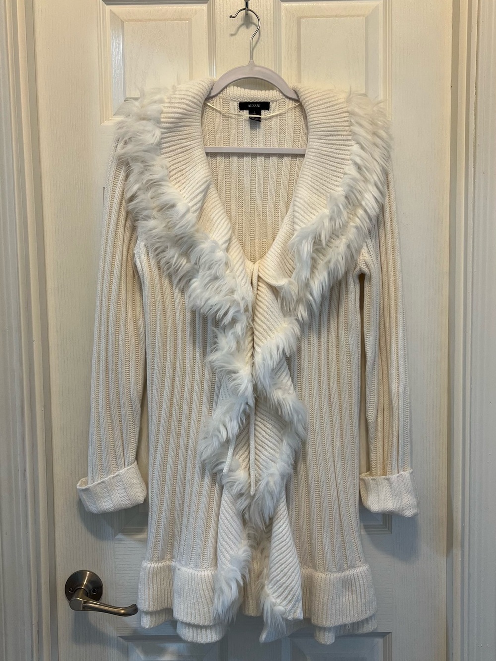 Alfani Ivory Ribbed Open-Front Cardigan with Faux Fur Trim